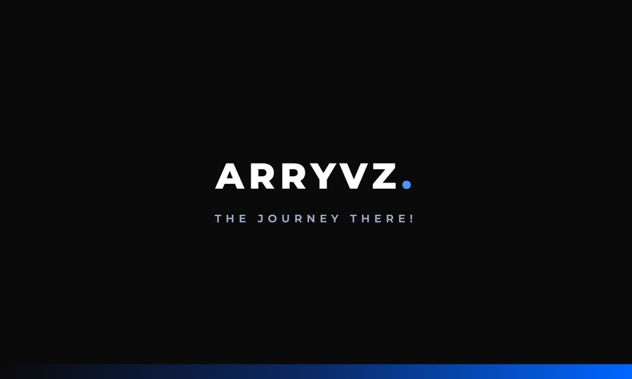 Business card back: onyx with "ARRYVZ." in white above the tagline "THE JOURNEY THERE!", gradient bar along the bottom.
