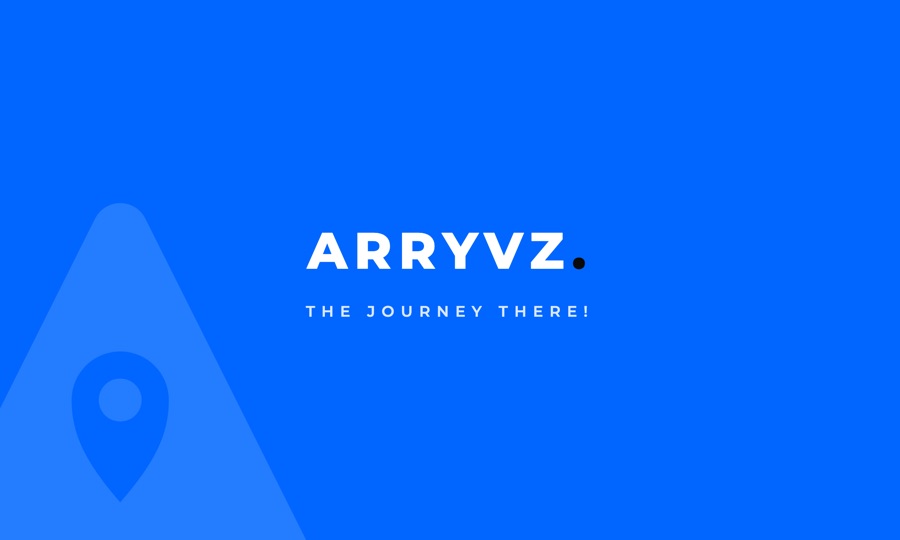 Business card back: Arryvz Blue with "ARRYVZ." in white above the tagline "THE JOURNEY THERE!".
