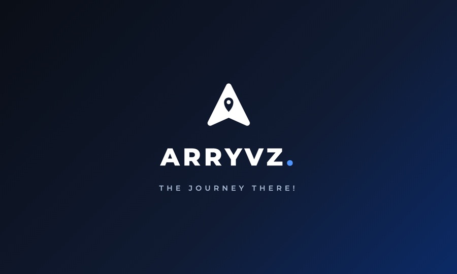 Business card back: midnight gradient with the white mark above "ARRYVZ." and the tagline "THE JOURNEY THERE!".