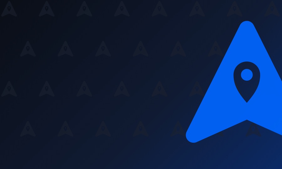 Business card front: midnight gradient with the brand pattern and a large blue mark bleeding off the right edge.