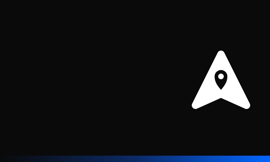 Business card front: solid onyx with a white mark and the brand gradient bar along the bottom edge.