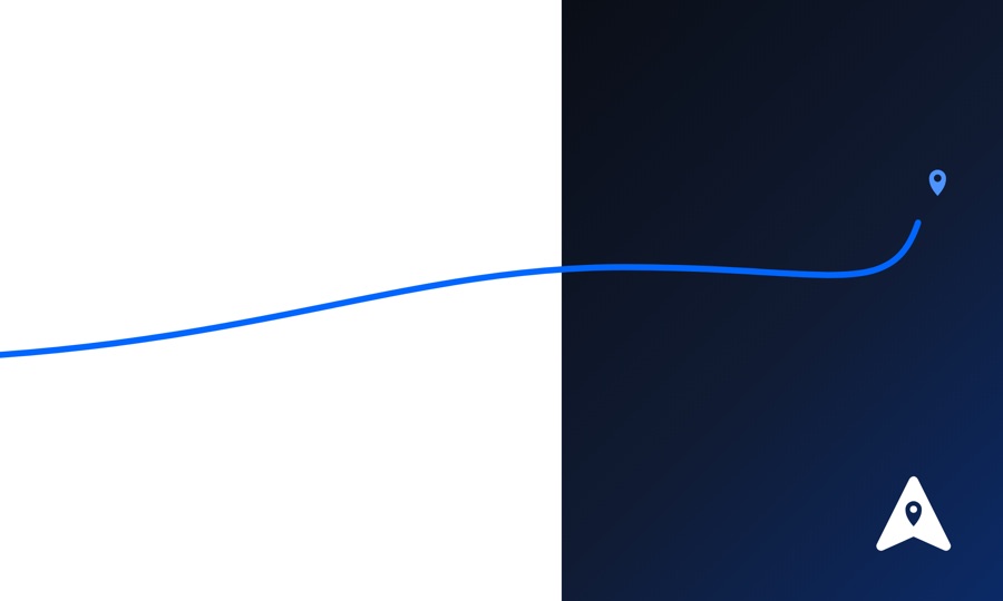 Business card front: white left, midnight gradient right, a blue route line crossing between them to a pin.